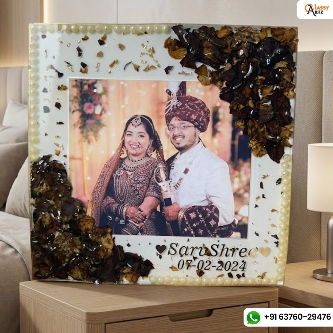 Resin 10inch squre with Couple Photo & Name Date with Pearls Border Varmala Preservation