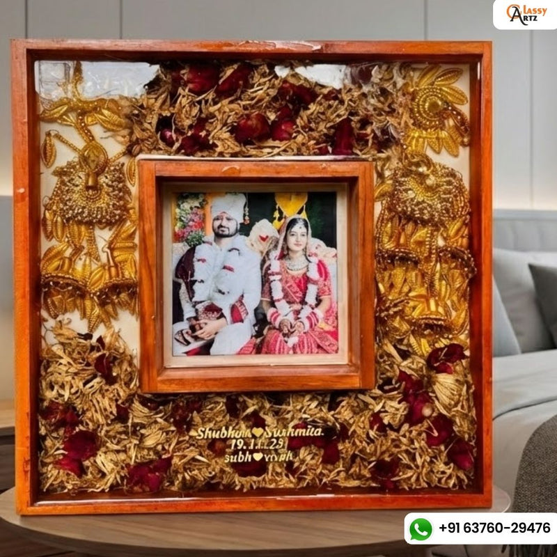 Resin 12inch Doule frame with Couple photo & Keleera & Flowers with Name Date Varmala Preservation