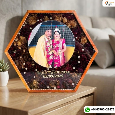 Resin 12inch Hexogonal with Couple Photo & Varmala with LED option Varmala Preservation