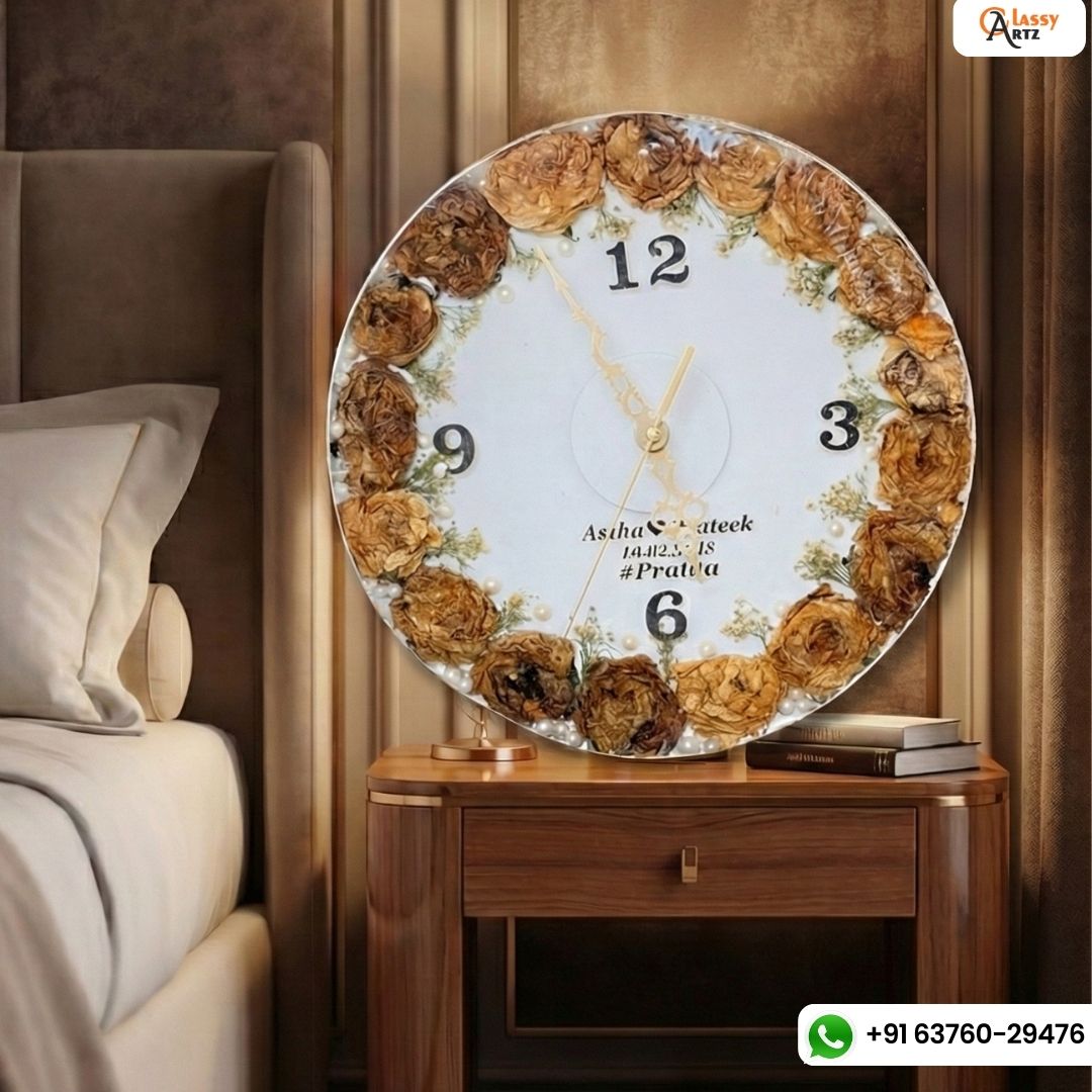 Resin 12inch round clock (4 roman number & name date) Varmala Preservation