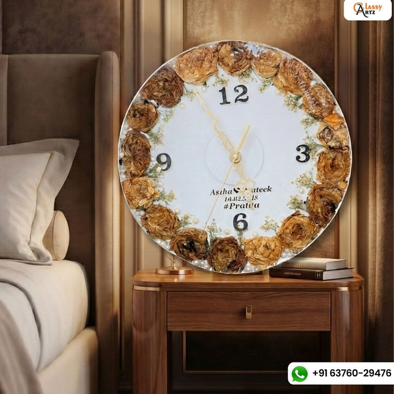 Resin 12inch round clock (4 roman number & name date) Varmala Preservation
