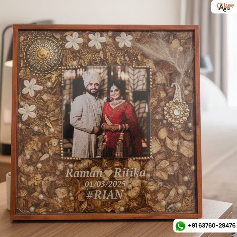 Resin 14 by 14inch square wooden frame with varmala ,kaleera photo name, date Varmala Preservation