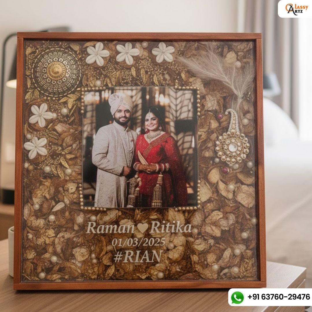 Resin 14 by 14inch square wooden frame with varmala ,kaleera photo name, date Varmala Preservation