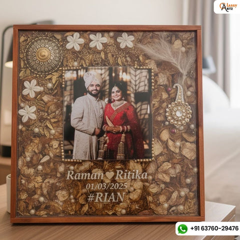 Resin 14 by 14inch square wooden frame with varmala ,kaleera photo name, date Varmala Preservation