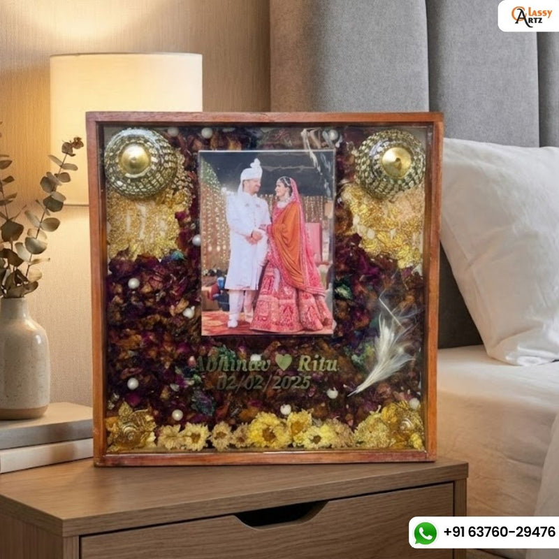 Resin 14 by 14 inch Square Frame with couple photo & kalangi & Keleera with Flowers petals Varmala Preservation