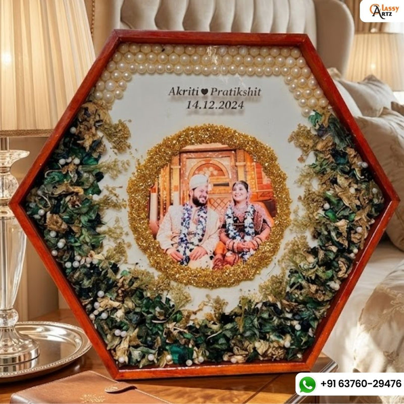 Resin 14inch Hexagonal Frame with Orchid Flowers With name & date with pearls border Varmala Preservation
