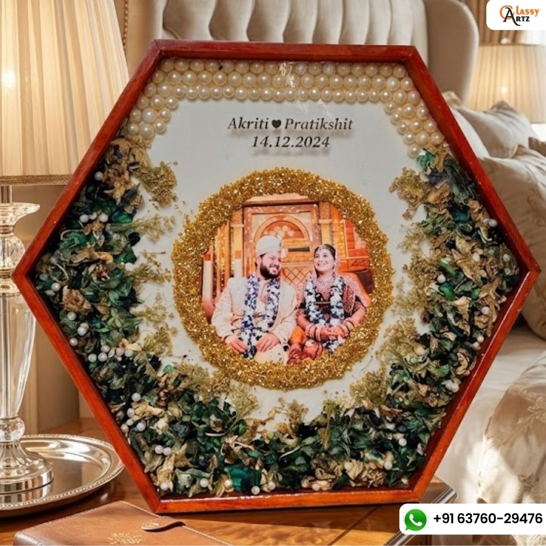 Resin 14inch Hexagonal Frame with Orchid Flowers With name & date with pearls border Varmala Preservation