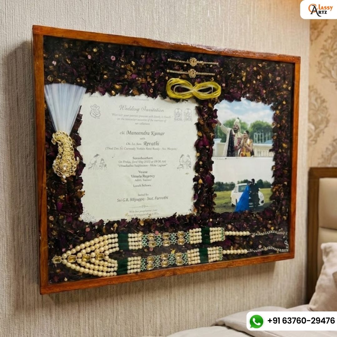 Resin 15 by 18 inch with Wedding card & couple photo & Kantha Kalangi With Varmala Preservation