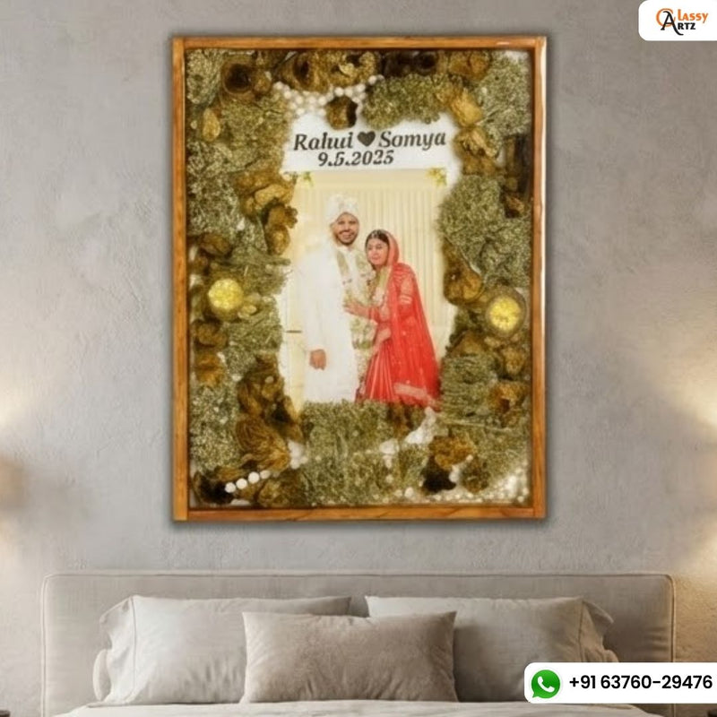 Resin 15 by 18 inch wooden frame with Couple Photo & Name Varmala Preservation