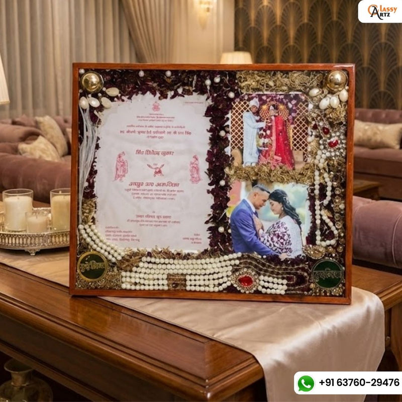 Resin 15by18inch Beautiful Wooden frame with Varmala Flowers & Couple photo, Kantha, Keleers with Kalangi, Weeding-Card, With Bride Broch Varmala Preservation