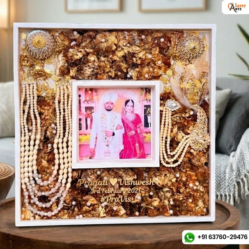 Resin 16 by 16 inch dual frame with flowers, kantha, kalagi, kaleera name date photo Varmala Preservation