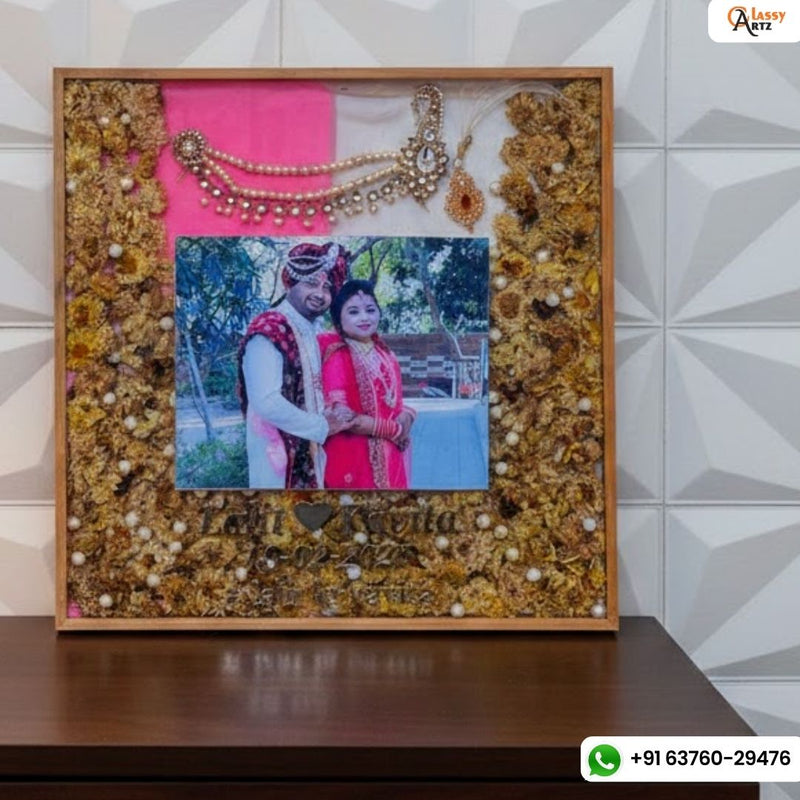 Resin 18 by 18 inch With Couple Photo & Name Date with Kalangi kantha Varmala Preservation