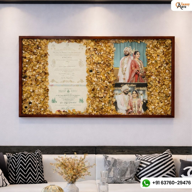 Resin 32 by 18 inch frame with 2 wedding card & Two Photo with Petals Varmala Preservation