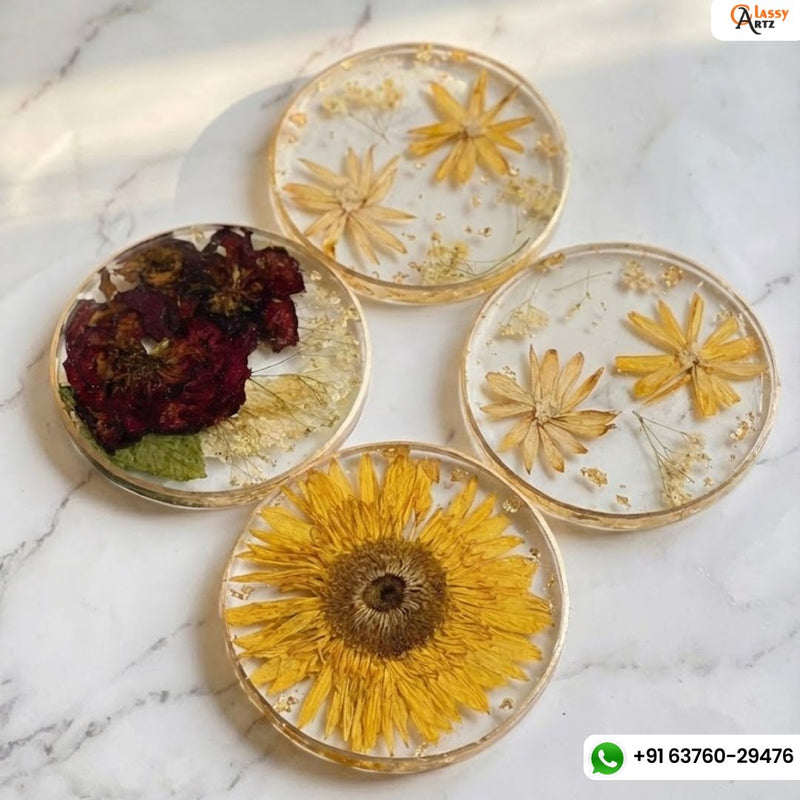Resin 4 set of Round Coaster with Real Diffrent Flowers with Diffrent Style Flowers Preservation