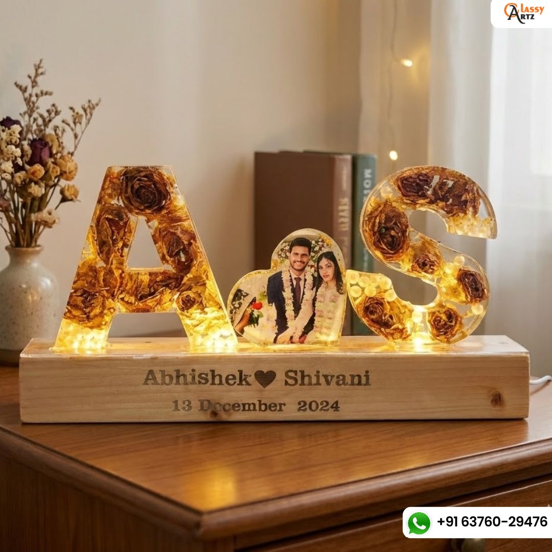 Resin 4inch name initial LAMP with LED stand with Heart Photo Varmala Preservation