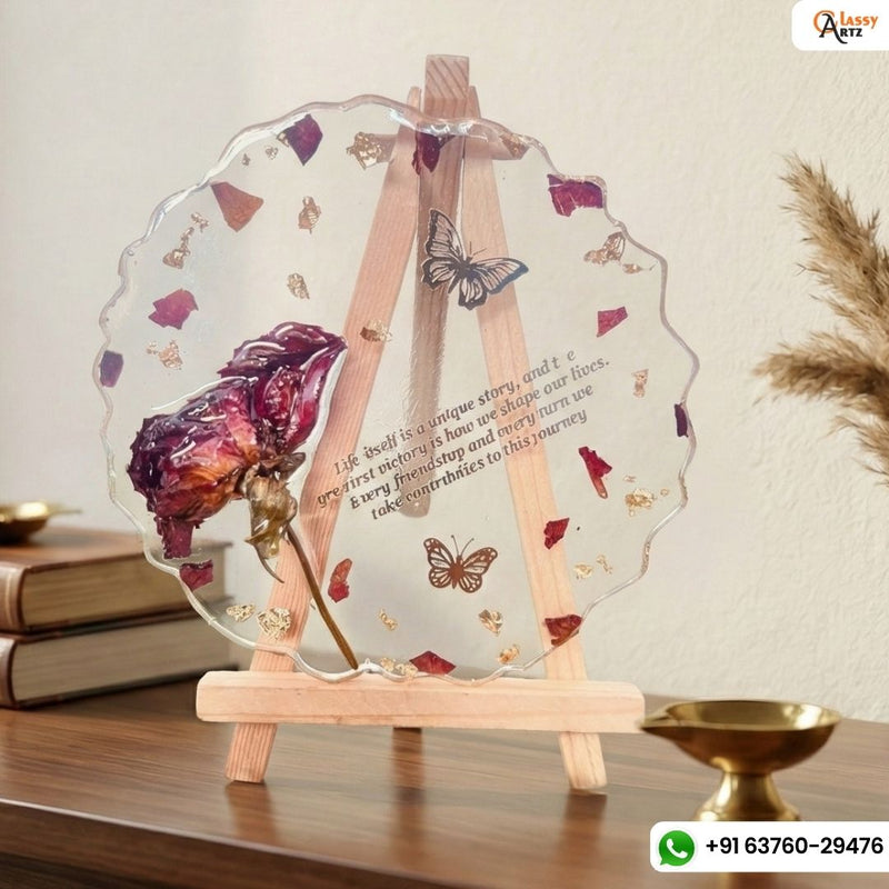 Resin 5inch Round curve shape with Single Rose & Content Flower Preservation