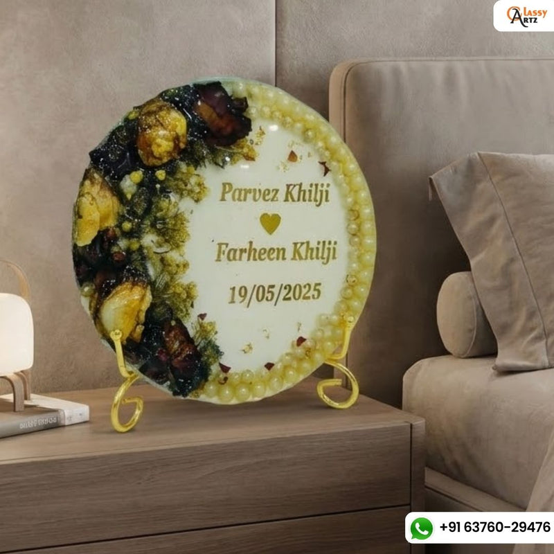 Resin 5inch Round with Half side flowers & Half side Name Date with Pearls border Flowers Preservation