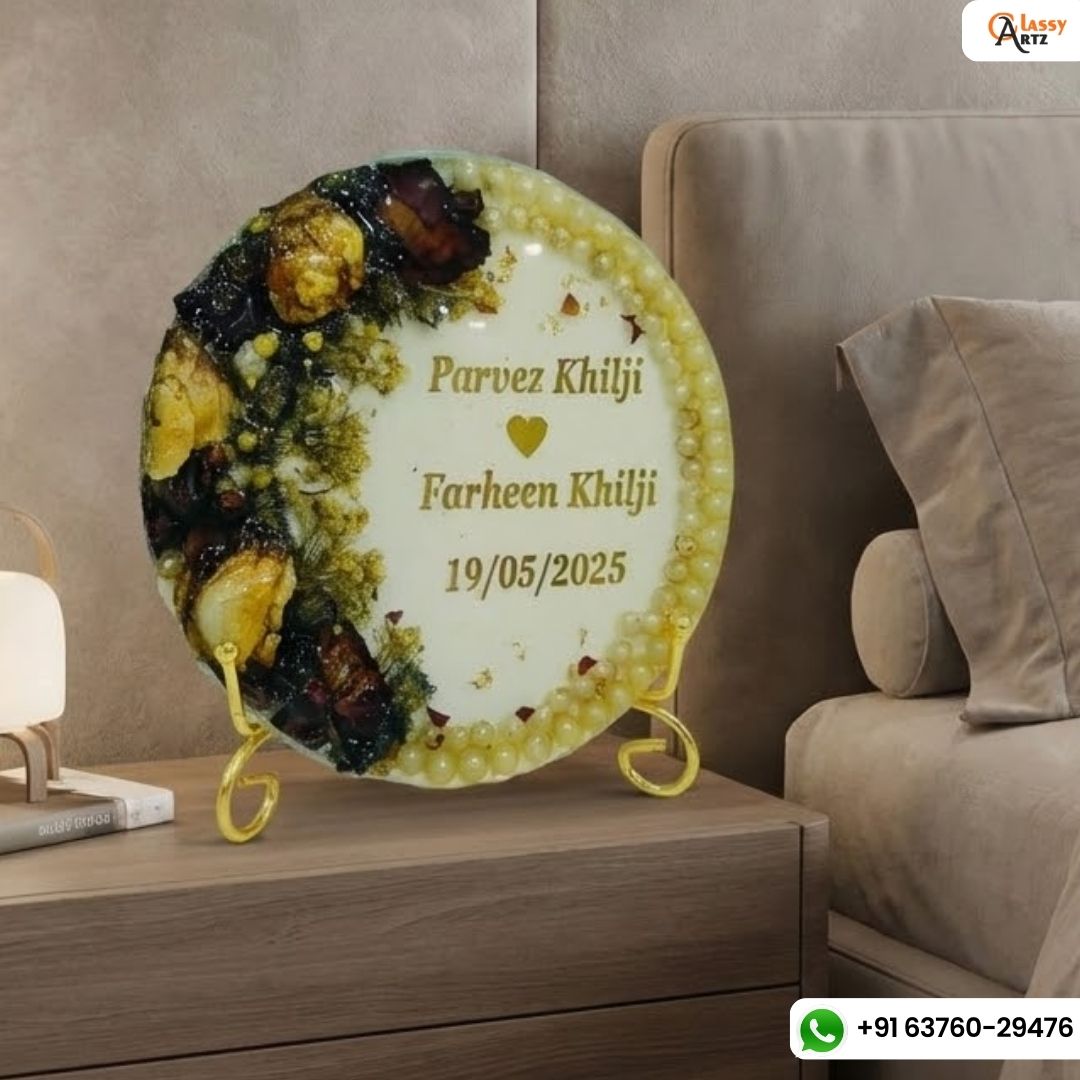Resin 5inch Round with Half side flowers & Half side Name Date with Pearls border Flowers Preservation
