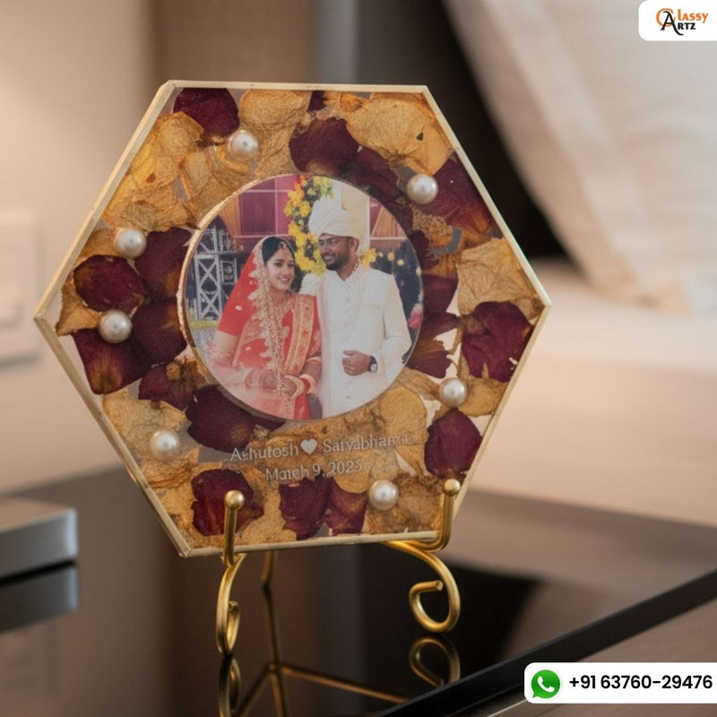 Resin 5inch hexogonal frame with Couple Photo & Name date Varmala Preservation