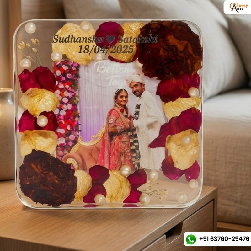 Resin 6 inch block with couple photo & Flowers varmala Preservation