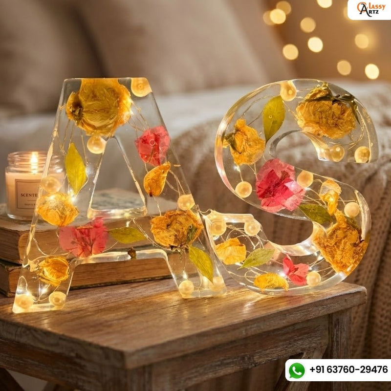 Resin 6 inch name initial Lamp with Qurakick LED light option with Petals Varmala Preservation