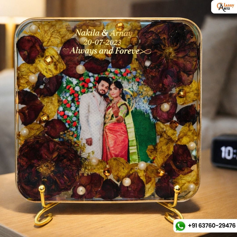 Resin 6inch block with Red & White Flowers with Couple photo & Name date with metal stand Varmala Preservation
