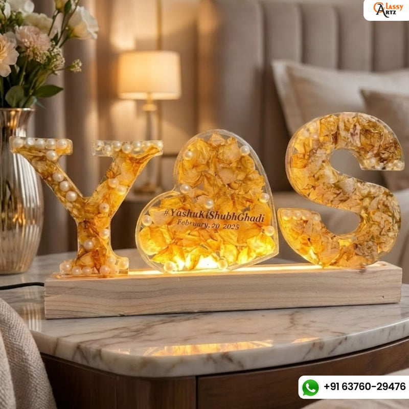 Resin 6inch name intial with LED lamp & couple Date Varmala Preservation