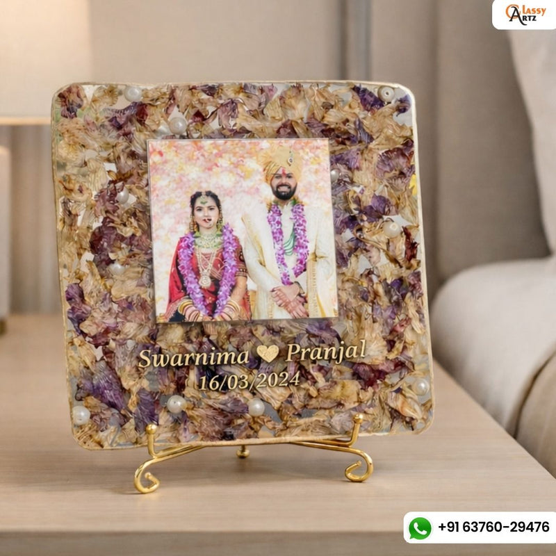 Resin 6inch square with Couple photo & Name date with orchid varmala Preservation