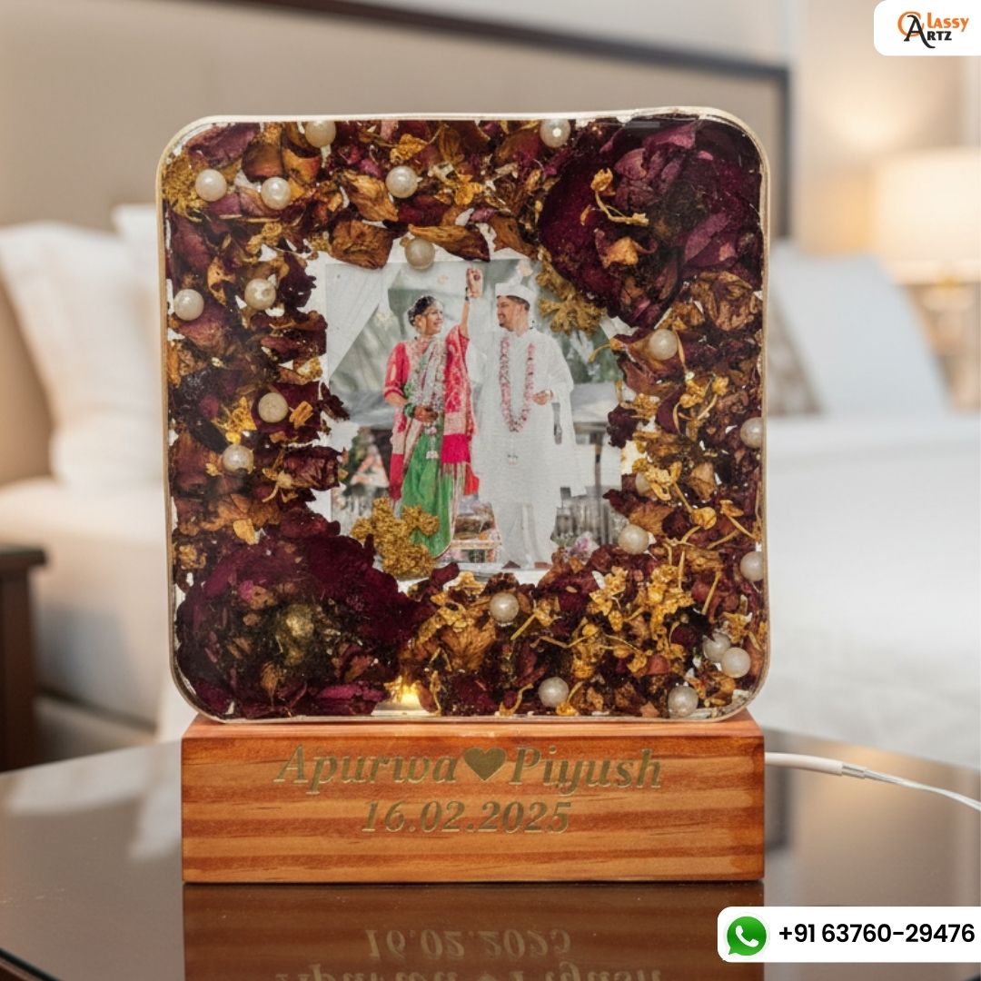 Resin 6inch squre with LED light connections & Couple name & date Varmala Preservation
