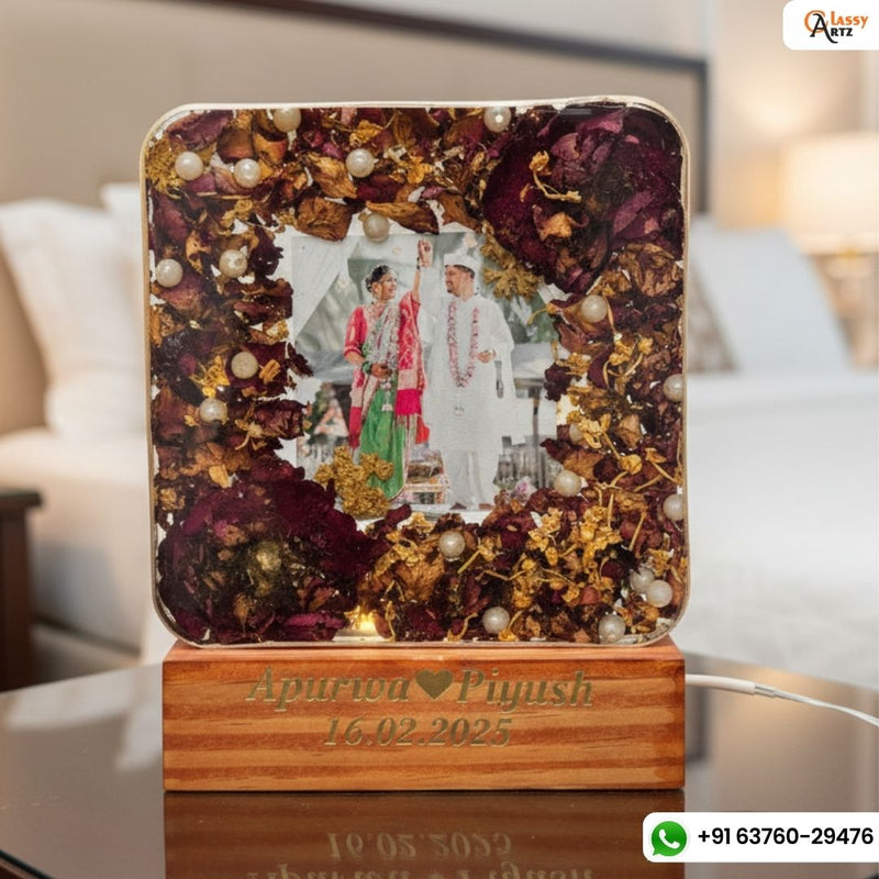 Resin 6inch squre with LED light connections & Couple name & date Varmala Preservation