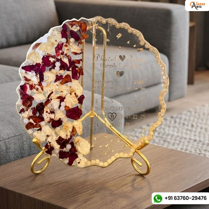 Resin 8 inch curvy round frame with metal stand, one side flowers and one side name date calender transperant base Varmala Preservation