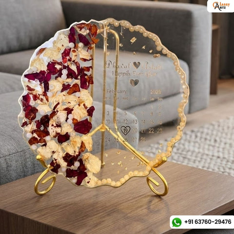 Resin 8 inch curvy round frame with metal stand, one side flowers and one side name date calender transperant base Varmala Preservation