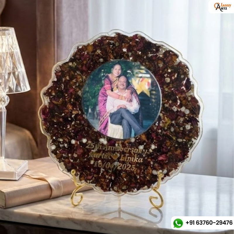 Resin 8 inch round curve shape with Petals & couple Name & Date Varmala Preservation