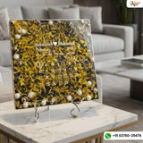 Resin 8 inch square frame with   black base petals and name date n calendar on the top with metal stand  Varmala Preservation