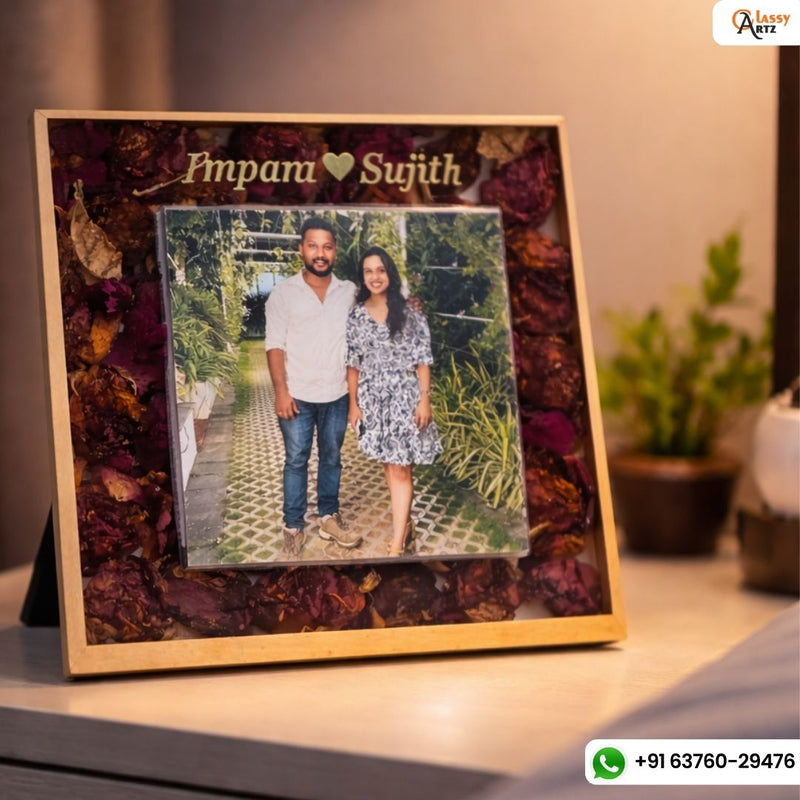 Resin 8 inch square wooden frame with brown polish,with 29 roses ,one photo names in little big in size ,with two hooks to hang  varmala Preservation