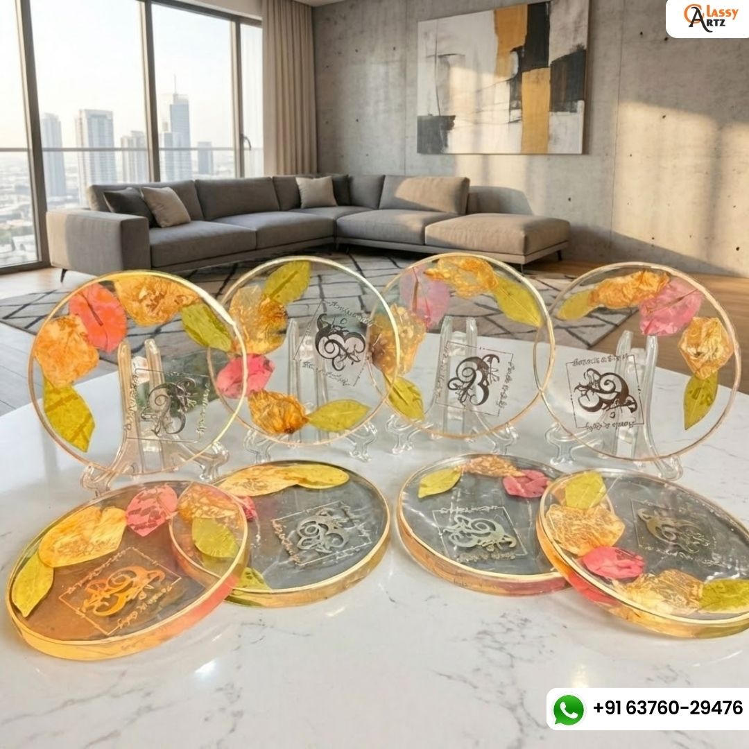 Resin 8 set of coster with Petals with Logo varmala Preservation