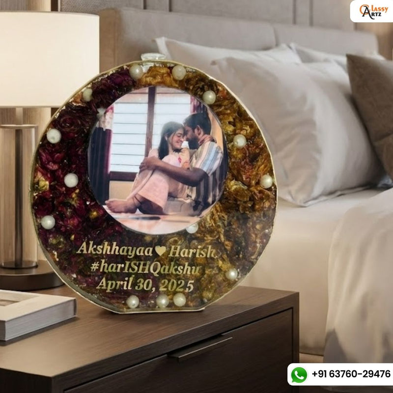 Resin 8inch Round  planter with Name & #tag , date  4 heart key chain with petals & #tag varmala Preservation