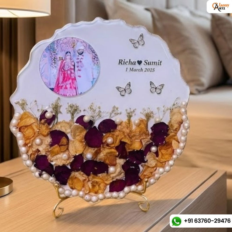 Resin 8inch curve Round shape with couple photo & Name Date Varmala Preservation