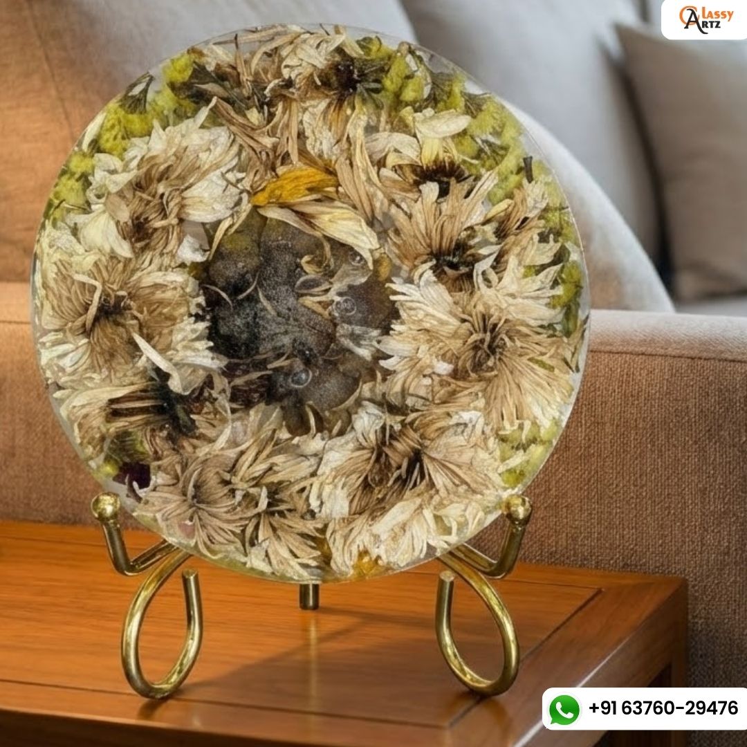 Resin 8inch round 6 inch frame dual side one side sunflower and one side white flowers  with metal stand Flowers Preservation