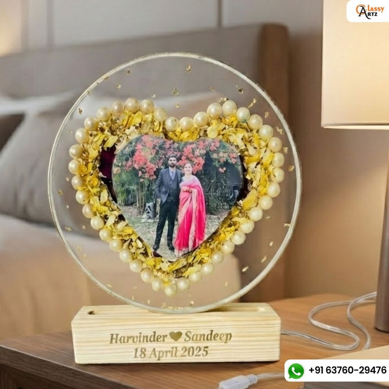 Resin 8inch round with heart shape with couple photo & pearls border with two varmala Preservation