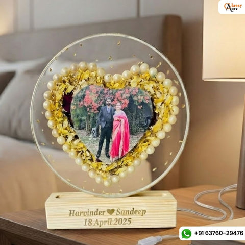 Resin 8inch round with heart shape with couple photo & pearls border with two varmala Preservation
