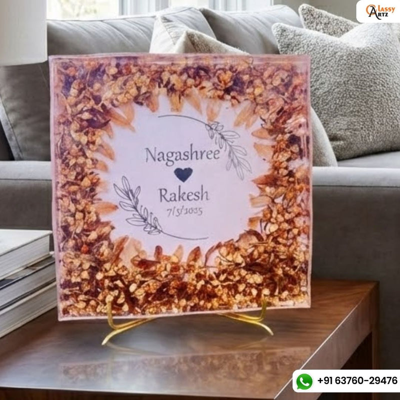 Resin 8inch square with Mogra Flowers with couple name initinal logo with metal stand Varmala Preservation