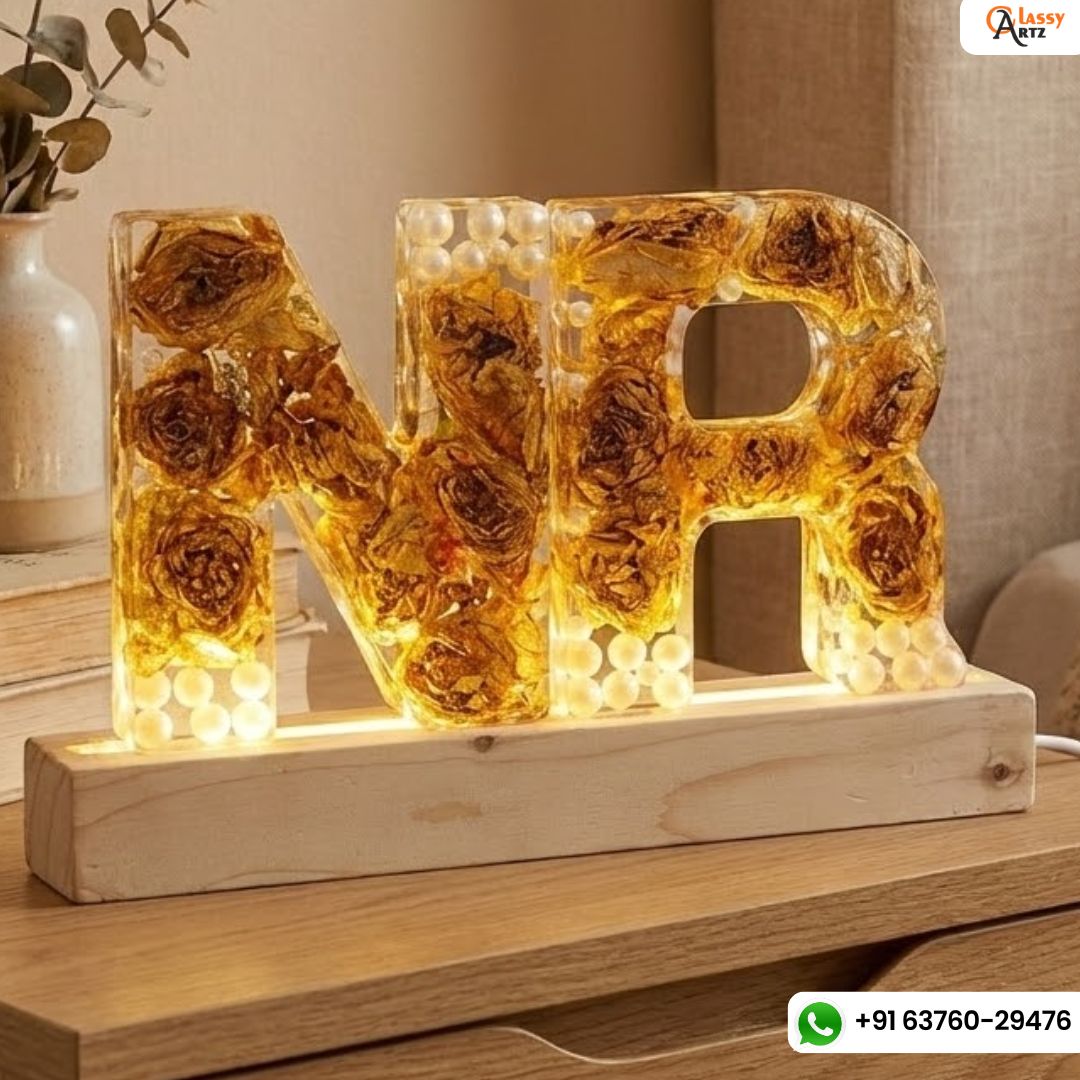 Resin Initials Lamp with Preserved Varmala Flowers ( 6-Inch)