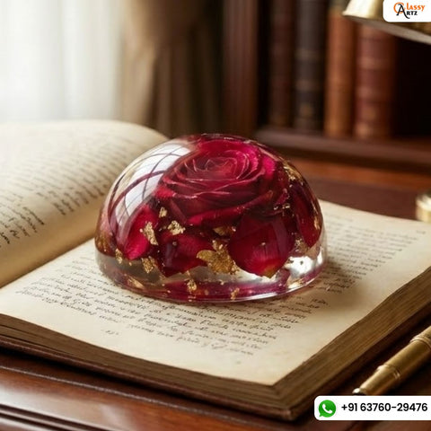 Resin Paper Weight with Preserved Red Rose Flowers