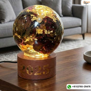 Resin Round LED Lamp with Real Red Roses with Pearls & Date Flowers Preservaton