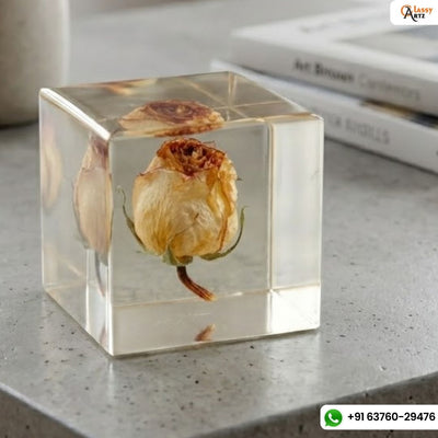 Single Rose Resin Cube with Two Petal Keychains, Gift Set