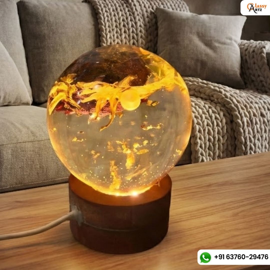 Resin globe lamp with golden roses and pearls