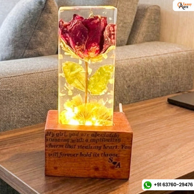 Resin Single rose block with LED lamp with Phone cover Combo set with content Flowers Preservation