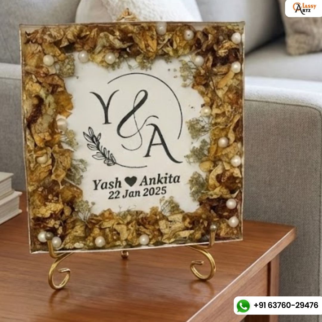 Resin Square Block with Varmala and Wedding Card Preservation (8-Inches)