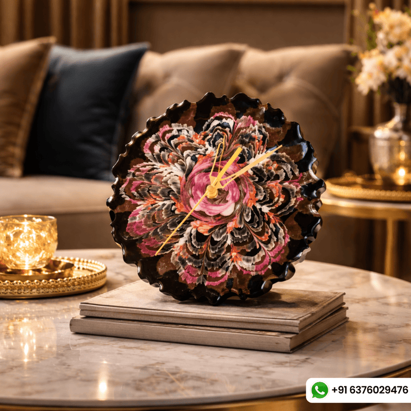 Resin Wall Clock with 3D Flower and Agate Design